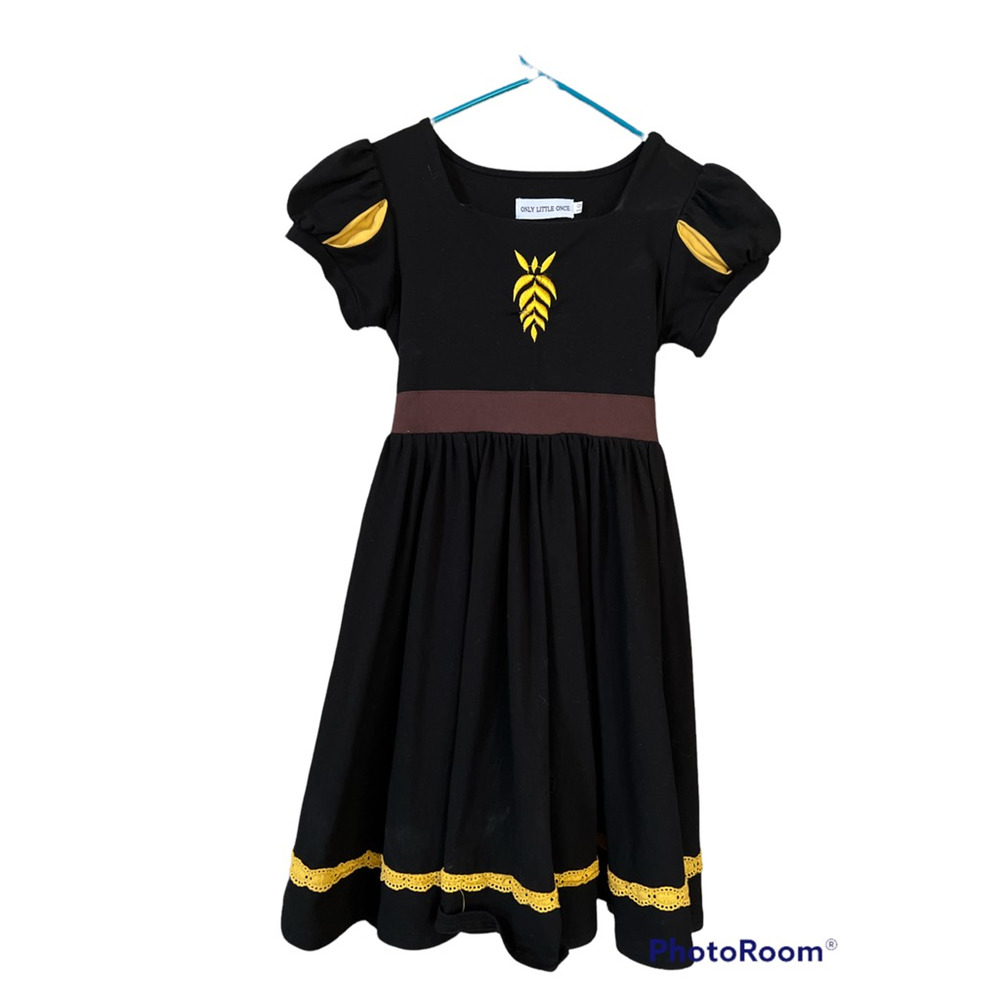 Only Little Once Girls A-Line Dress Black Golf Leaf Embroidered Square Neck 10